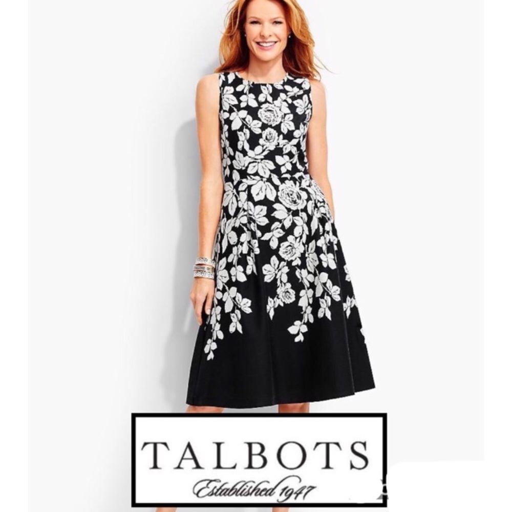 Talbots Black Rose Floral Dress with Pockets